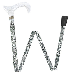 Royal Canes White Pearlz w/ Rhinestone Collar and Black Swirl Designer Adjustable Folding Cane