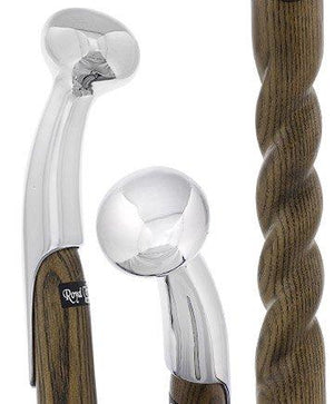 Royal Canes Black Hame Chrome Plated Handle Walking Stick With Twisted Ash Wood Shaft