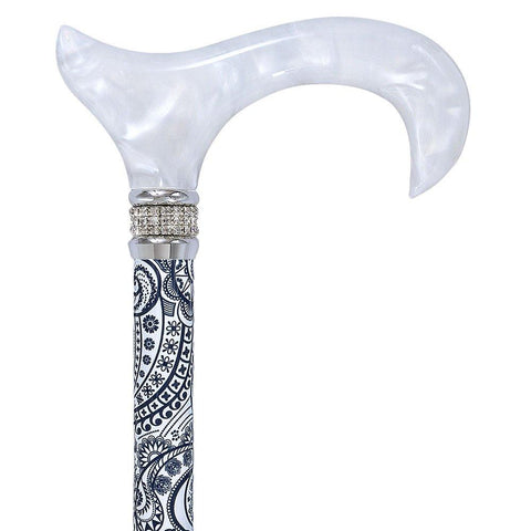 Royal Canes White Pearlz w/ Rhinestone Collar and Black Swirl Designer Adjustable Cane