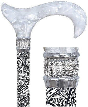 Royal Canes White Pearlz w/ Rhinestone Collar and Black Swirl Designer Adjustable Cane