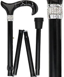 Black Pearlz Folding Adjustable Designer Derby Walking Cane with Rhinestone Collar