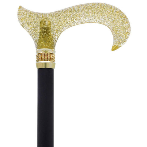 Royal Canes Gold Sparkle Designer Glitter Derby Handle Walking Cane w/ Rhinestone Collar