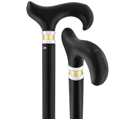 Royal Canes Black Leather Derby Walking Cane With Black Beechwood Shaft and Two-tone Collar
