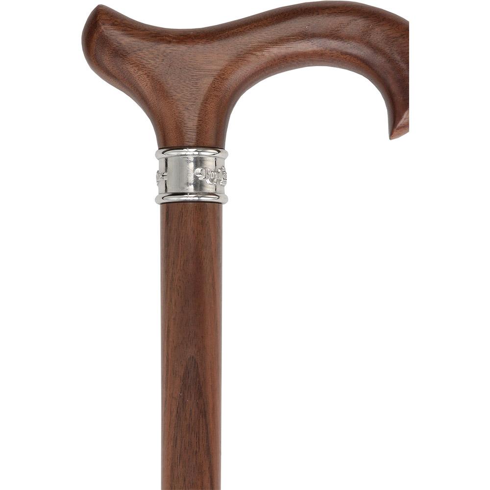 Walnut Derby-Handle Walking Cane with Embossed Steel Collar