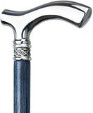 Blue Slim Line Chrome Plated Fritz Walking Cane With Blue Ash Shaft and Pewter Swirl Collar