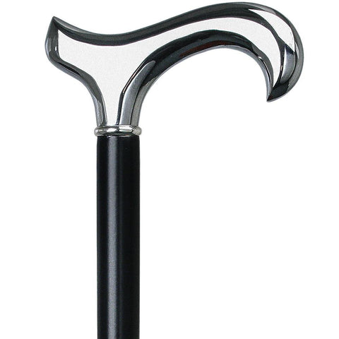 Fashionable Canes Chrome Plated Derby Walking Cane With Black Beechwood Shaft and Silver Collar w/ SafeTbase