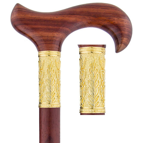 Royal Canes Hand-Made Padauk Derby Walking Cane w/ Pewter Leaf Gold Collar