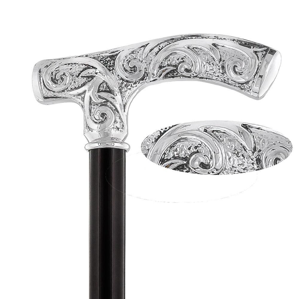 Silver 925r Embossed Fritz Handle Walking Cane with Black