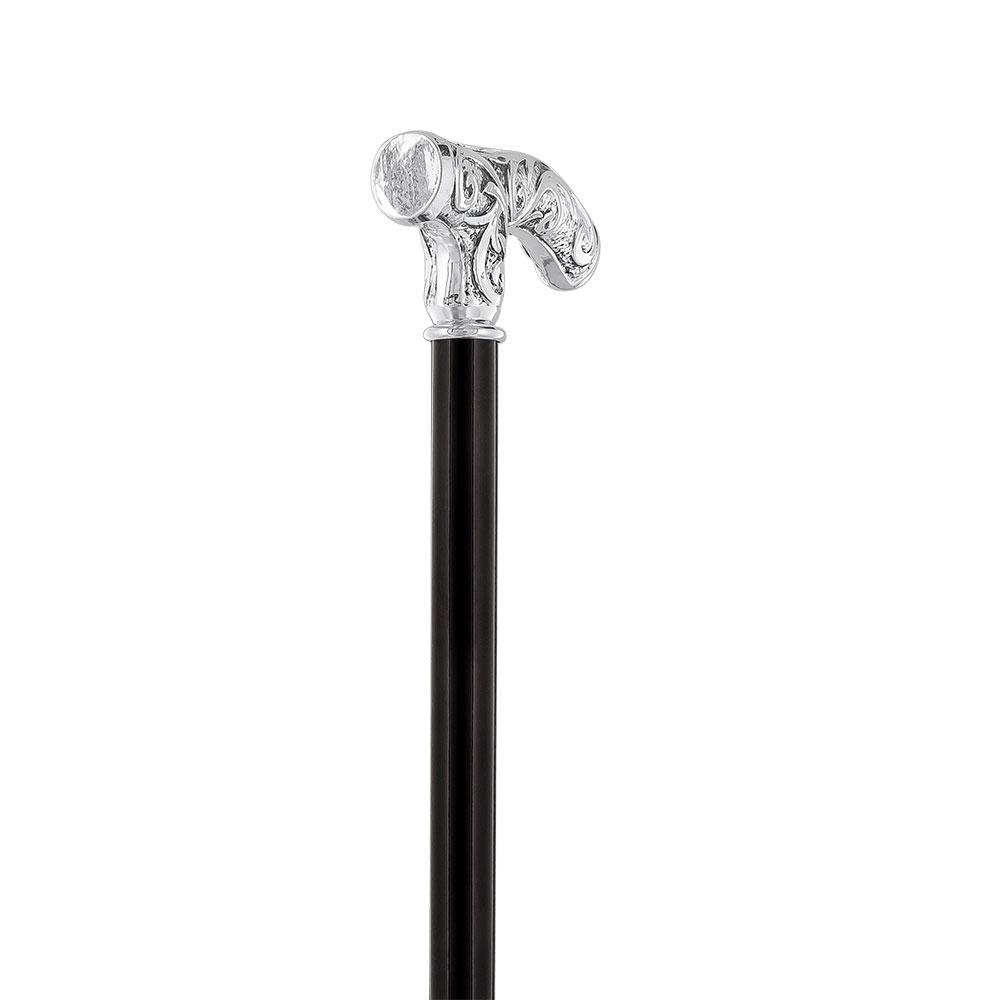 Silver 925r Embossed Fritz Handle Walking Cane with Black Beechwood Shaft  and Collar