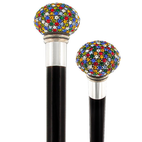Royal Canes Multi-Colored Swarovski Crystal Encrusted Small Knob Walking Stick with Black Beachwood Shaft