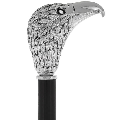 Royal Canes Silver 925r Hawk Head Walking Cane with Stained Beechwood Shaft and Collar