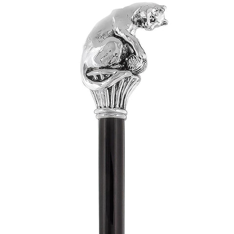 Royal Canes Silver 925r Cat with Yarn Walking Stick with Black Beechwood Shaft