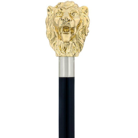 Royal Canes 24K Gold Plated Lion Head Walking Stick With Black Beechwood Shaft and Collar