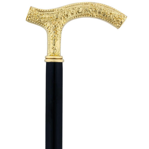 Royal Canes 24K Gold Plated Petite Embossed Fritz Handle Walking Cane with Black Beechwood Shaft and Collar